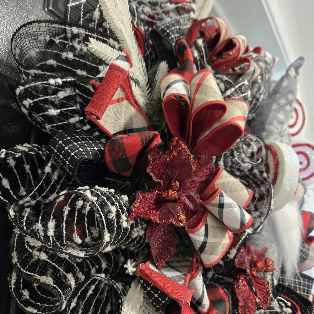 Festive Gnome Holiday Wreath - Red, Black, and White
